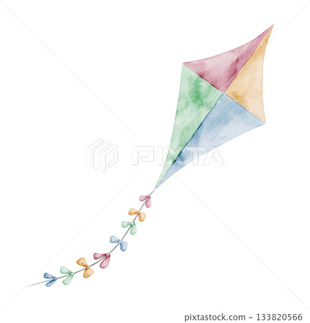 Kite watercolor illustration. Drawing of Toy with long ribbons flying in the sky and moving in the wind. Art in pastel colors for Baby shower greeting cards or childish Birthday party invitations. 133820566