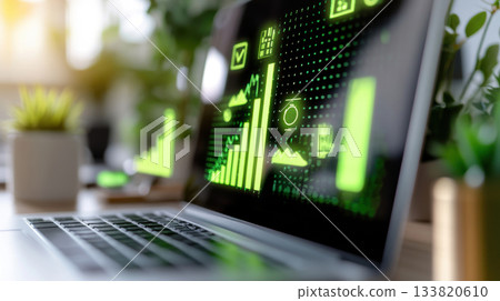 Modern office workspace with laptop and floating green holograms showing upward trends in ESG investment metrics Modern office workspace with laptop and floating green holograms showing upward trends in ESG investment metrics 133820610