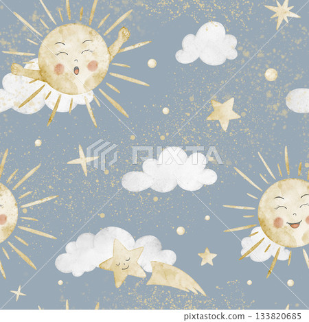 Sun watercolor seamless pattern on a blue sky background with clouds, stars and soft splashes. Illustration of childish background with bright cheerful celestial design suitable for nursery wallpaper. Sun watercolor seamless pattern on a blue sky background with clouds, stars and soft splashes. Illustration of childish background with bright cheerful celestial design suitable for nursery wallpaper. 133820685