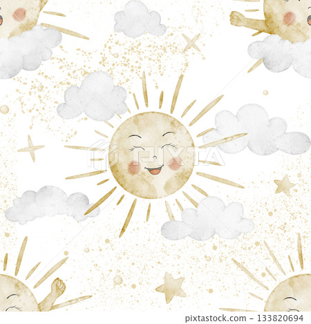 Seamless sun watercolor pattern with clouds, stars and pastel splashes. Illustration of day background for nursery wallpaper or childish textile design. Backdrop with daylight for wrapping paper. 133820694