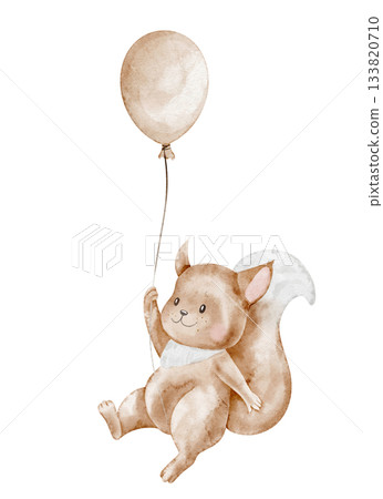 Watercolor illustration of a Squirrel with a balloon in pastel colors. Drawing of cute animal for nursery posters or baby shower greeting cards and Birthday invitations. Art of cub for children. 133820710