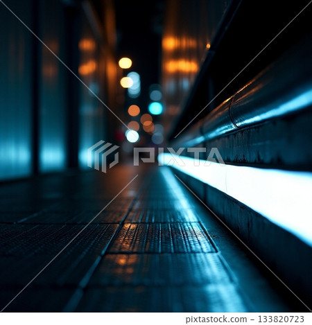 Nighttime cityscape with glowing neon light on pavement Generative AI Nighttime cityscape with glowing neon light on pavement Generative AI 133820723