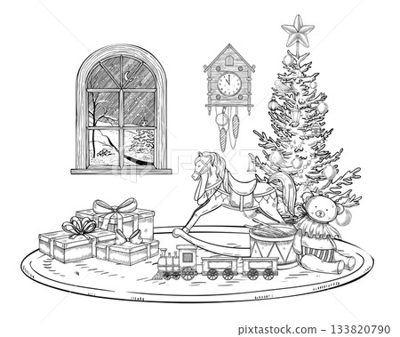 Christmas vector illustration with Christmas tree and retro baby toys. Linear drawing of Xmas scene with window and clock for invitations or greeting cards. Etching with gift boxes and spruce or pine. Christmas vector illustration with Christmas tree and retro baby toys. Linear drawing of Xmas scene with window and clock for invitations or greeting cards. Etching with gift boxes and spruce or pine. 133820790