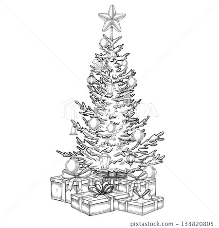 Vector Christmas Tree with garlands, ornaments and gift boxes. Linear illustration with Spruce and presents for Holiday Xmas Greeting Cards and New Year Invitations. Outline Drawing for party design. 133820805