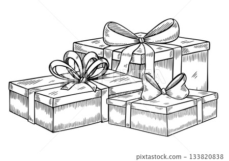 Gift Boxes vector illustration. Linear drawing of Presents with ribbons and bows for Christmas or New Year design. Outline art of surprise package for Birthday greeting cards or invitations. Gift Boxes vector illustration. Linear drawing of Presents with ribbons and bows for Christmas or New Year design. Outline art of surprise package for Birthday greeting cards or invitations. 133820838
