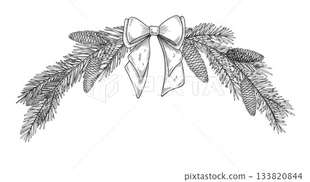 Branch vector illustration with spruce branches, cones, and ribbon bow. Linear drawing of pine twigs for Christmas greeting cards or New Year invitations. Outline etching of fir border with pinecones. Branch vector illustration with spruce branches, cones, and ribbon bow. Linear drawing of pine twigs for Christmas greeting cards or New Year invitations. Outline etching of fir border with pinecones. 133820844