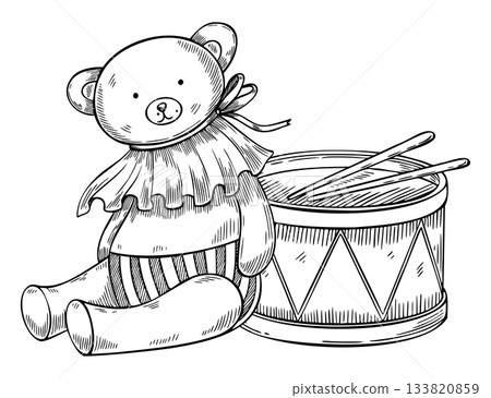 Teddy bear and vintage drum vector illustration. Outline drawing of retro baby Toys for childish greeting cards or kids invitations. Music instrument and plush character for Christmas design. Teddy bear and vintage drum vector illustration. Outline drawing of retro baby Toys for childish greeting cards or kids invitations. Music instrument and plush character for Christmas design. 133820859