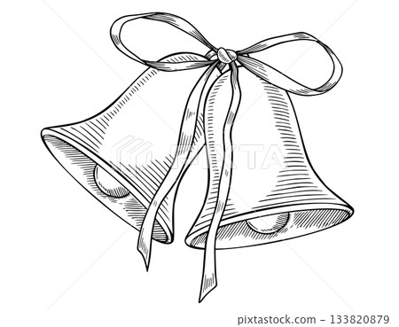 Jingle Bells vector illustration tied with a ribbon in engraving style. Linear drawing for Christmas greeting cards or Xmas invitations painted by black inks. Etching for New Year design. 133820879
