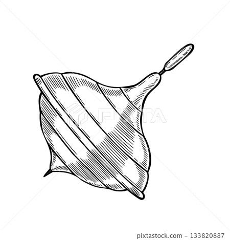 Whirligig vector illustration of a vintage spinning top Toy. Linear drawing of retro Baby Spin for nostalgic childish greeting cards or invitations. Etching painted by black inks for childhood design. 133820887