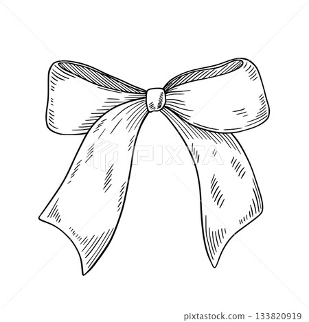 Bow vector illustration with wide ribbon in engrave style. Etching of textile knot for Xmas or Birthday design. Linear sketch for gifts packaging painted by black inks on isolated background. Bow vector illustration with wide ribbon in engrave style. Etching of textile knot for Xmas or Birthday design. Linear sketch for gifts packaging painted by black inks on isolated background. 133820919