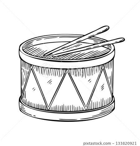 Linear vector illustration of a traditional Drum with two sticks. Hand-drawn etching of music instrument in engraving style. Outline art in retro style painted by black inks. Vintage toy. Linear vector illustration of a traditional Drum with two sticks. Hand-drawn etching of music instrument in engraving style. Outline art in retro style painted by black inks. Vintage toy. 133820921