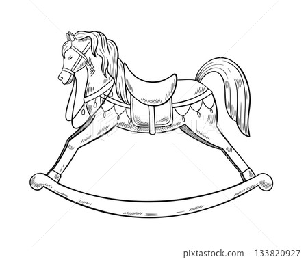 Wooden Rocking Horse vector illustration. Outline engraving of baby vintage Toy for nostalgic Christmas greeting cards or New Year invitations. Etching painted by black inks for retro childish design. Wooden Rocking Horse vector illustration. Outline engraving of baby vintage Toy for nostalgic Christmas greeting cards or New Year invitations. Etching painted by black inks for retro childish design. 133820927