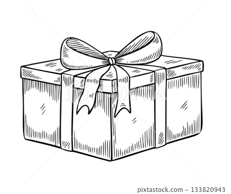Wrapped gift box tied with a bow Vector engraving. Outline drawing of Present for vintage Christmas greeting cards or Birthday invitations. Etching for party design painted by black inks. 133820943