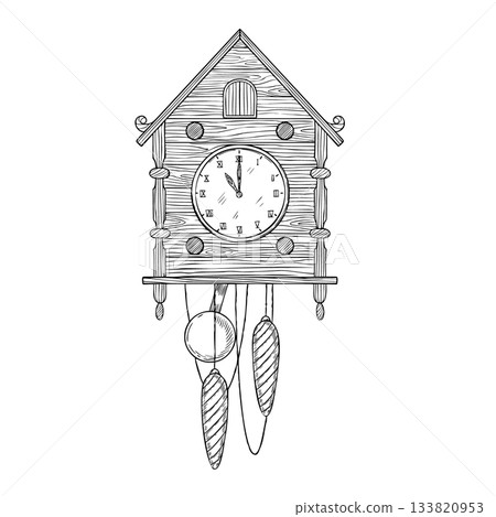 Cuckoo Clock with pendulums vintage engraving vector illustration for retro Christmas greeting cards or New Year invitations. Etching of wooden decor for nostalgic home design painted black inks. Cuckoo Clock with pendulums vintage engraving vector illustration for retro Christmas greeting cards or New Year invitations. Etching of wooden decor for nostalgic home design painted black inks. 133820953
