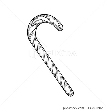 Engraved vector illustration of a striped Candy cane in vintage style. Drawing of Lollipop for Christmas greeting cards or New Year invitations. Art of sweet dessert for Xmas design painted by inks. Engraved vector illustration of a striped Candy cane in vintage style. Drawing of Lollipop for Christmas greeting cards or New Year invitations. Art of sweet dessert for Xmas design painted by inks. 133820964