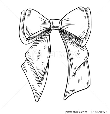 Vector illustration of a decorative bow. Linear drawing of tied ribbon for packaging, festive decor, or vintage graphic design. Outline sketch painted by black inks for gifts on isolated background. 133820973