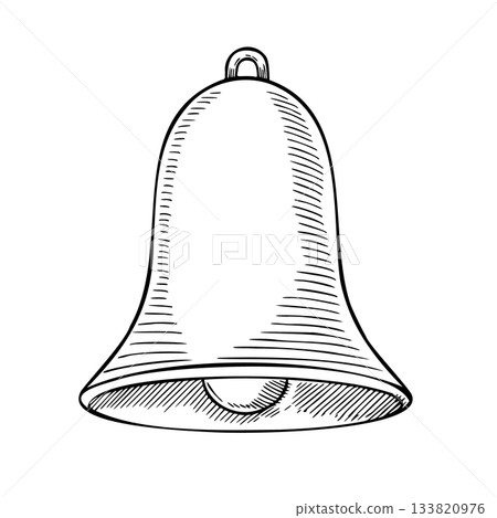 Vector illustration of a metal bell for vintage holiday greeting cards or retro Christmas invitations. Etching of classic sound object painted by black inks on isolated background for party design. 133820976