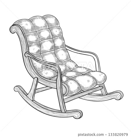 Vector illustration of a cushioned rocking Armchair in engraving style. Drawing of home furniture for vintage interior designs. Outline art painted by black inks on isolated background. 133820979