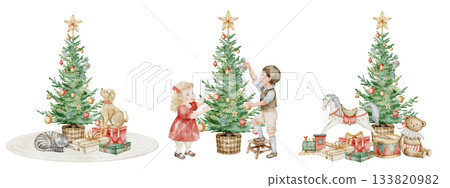 Watercolor Christmas tree set with toys, gifts, and children. Illustration of spruce or pine for festive Xmas greeting cards or New Year invitations. Art of holiday interior scenes for vintage poster. Watercolor Christmas tree set with toys, gifts, and children. Illustration of spruce or pine for festive Xmas greeting cards or New Year invitations. Art of holiday interior scenes for vintage poster. 133820982
