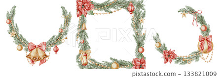 Watercolor Christmas frames set with pine branches, bells, and poinsettia. Illustration of borders and wreath for Xmas greeting cards or New Year invitations. Art with Templates for winter holidays. 133821009