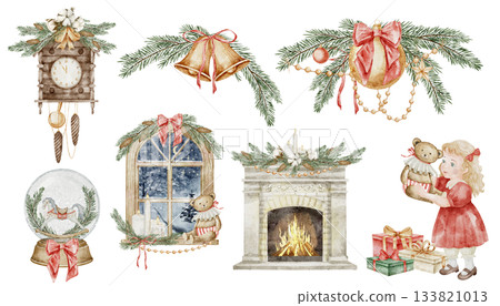 Watercolor Christmas compositions set with festive elements - window, fireplace, gifts, and toys. Illustration of Xmas tree ornaments in vintage style for New Year holiday greeting cards and posters. Watercolor Christmas compositions set with festive elements - window, fireplace, gifts, and toys. Illustration of Xmas tree ornaments in vintage style for New Year holiday greeting cards and posters. 133821013