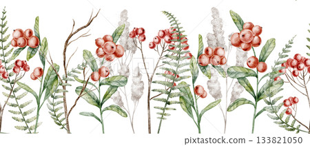 Watercolor seamless Border with rowan berries, ferns and leaves. Illustration of Pattern with red berries and forest branches for woodland banners. Drawing with cranberry and plants for backgrounds. Watercolor seamless Border with rowan berries, ferns and leaves. Illustration of Pattern with red berries and forest branches for woodland banners. Drawing with cranberry and plants for backgrounds. 133821050