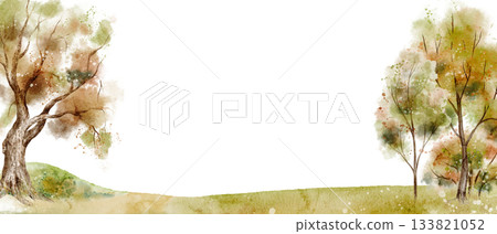 Watercolor Forest Landscape with autumn trees, foliage and meadow. Illustration of woodland background in fall colors for seasonal greeting card or invitation. Backdrop with space for text for banner. Watercolor Forest Landscape with autumn trees, foliage and meadow. Illustration of woodland background in fall colors for seasonal greeting card or invitation. Backdrop with space for text for banner. 133821052