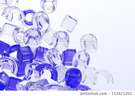 Abstract 3d background with falling glass geometric shapes - cube block, half circle, torus, ring. Iridescent clear geometry figures, crystal square boxes with light purple gradient. 3D illustration Abstract 3d background with falling glass geometric shapes - cube block, half circle, torus, ring. Iridescent clear geometry figures, crystal square boxes with light purple gradient. 3D illustration 133821202