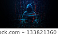 Digital hacker silhouette emerges from Matrix-style binary code bg 133821360