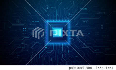 AI circuit board background with glowing data pathways and chip AI circuit board background with glowing data pathways and chip 133821365