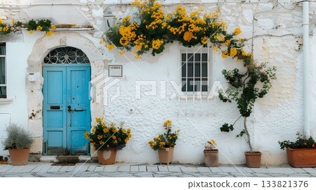 white stone building with a pastel blue door, yellow flowers in the archway above the front gate, in the style of mediterranean-style architecture white stone building with a pastel blue door, yellow flowers in the archway above the front gate, in the style of mediterranean-style architecture 133821376