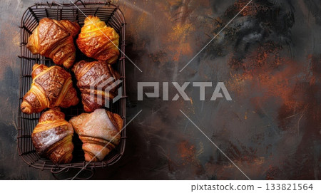 Warm, aromatic croissants , golden crust and flaky layers, creating a delightful contrast on a dark backdrop. Top view, flat lay Warm, aromatic croissants , golden crust and flaky layers, creating a delightful contrast on a dark backdrop. Top view, flat lay 133821564