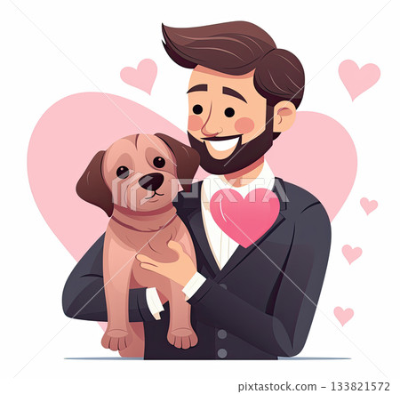 Happy man and dog, posing together. Cartoon characters.A man and a dog are holding a red heart together. Valentine's Day. Love. 133821572