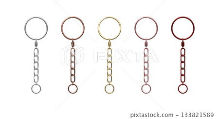 A set of metal keychain blanks in various shapes and alloys, silver, gold, copper, and bronze. 133821589