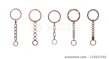 A realistic set of metal rings with a chain for keychains, various shapes, copper or bronze colors. A realistic set of metal rings with a chain for keychains, various shapes, copper or bronze colors. 133821592