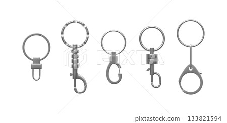 Realistic set of metal carabiners with ring, lobster clasps in various shapes vector set, silver carabiner for keychain Realistic set of metal carabiners with ring, lobster clasps in various shapes vector set, silver carabiner for keychain 133821594