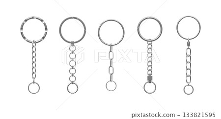 A set of keychain hardware, metal rings with chains, chrome-plated silver, various shapes. A set of keychain hardware, metal rings with chains, chrome-plated silver, various shapes. 133821595