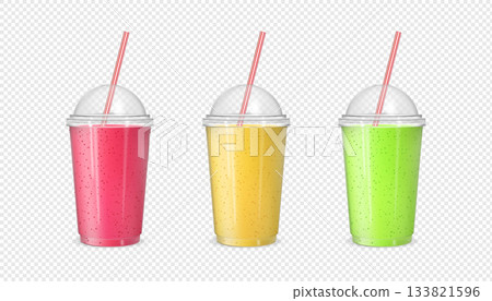 Smoothie plastic cup takeaway packages mock up 3D vector set, transparent container filled cold drink with lid and straw Smoothie plastic cup takeaway packages mock up 3D vector set, transparent container filled cold drink with lid and straw 133821596