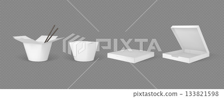 Set of white blank cardboard takeaway boxes for noodles and pizza, open and closed. Set of white blank cardboard takeaway boxes for noodles and pizza, open and closed. 133821598