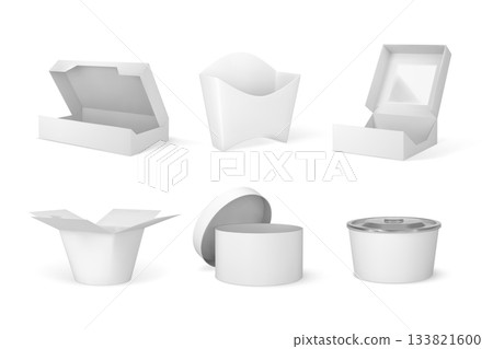 Takeaway containers packages mock up 3D vector set, craft white paper fast food and pastry, bakery boxes, bags blanks Takeaway containers packages mock up 3D vector set, craft white paper fast food and pastry, bakery boxes, bags blanks 133821600