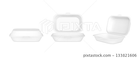 Takeaway container packages 3D vector mock up, realistic open and closed blank white foamed plastic lunch box, fast food Takeaway container packages 3D vector mock up, realistic open and closed blank white foamed plastic lunch box, fast food 133821606