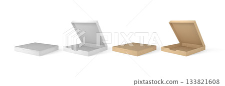 Pizza boxes, takeaway containers packages mock up 3D vector set, closed and open brown and white cardboard box templates Pizza boxes, takeaway containers packages mock up 3D vector set, closed and open brown and white cardboard box templates 133821608