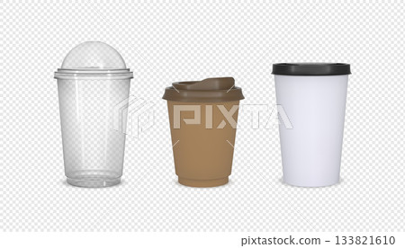 Takeaway drink packages mock up 3D vector set, craft paper and transparent plastic cups, coffee tea cup with plastic lid 133821610