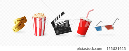 A set of movie accessories, tickets, a cup of popcorn, a drink, a clapperboard, and 3D glasses. 133821613