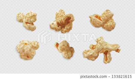 A set of crispy caramel popcorn kernels, various shapes, isolated on a transparent background. 133821615
