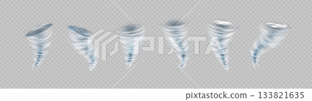 A set of tornado funnels of various shapes on an isolated transparent background. A set of tornado funnels of various shapes on an isolated transparent background. 133821635