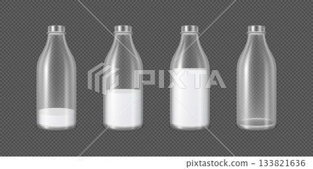 Realistic transparent plastic or glass bottles of milk mock up vector set, dairy product packages with milk and without 133821636