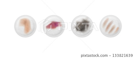 Cosmetic cotton pad disks with dirty traces of mascara, lipstick, foundation, vector used round pad skin care, sponge Cosmetic cotton pad disks with dirty traces of mascara, lipstick, foundation, vector used round pad skin care, sponge 133821639
