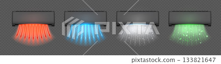 Cold and hot fresh air flow streams with glow blue and red arrows from black air conditioner, vector climate control 133821647