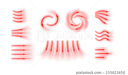 Air flow vector set, red arrows showing wind direction of air movement, straight, swirl and wave hot stream air heater 133821658